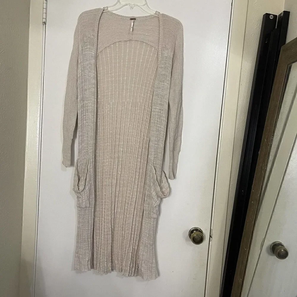 FREE PEOPLE tan knit long lightweight ribbed duster cardigan sweater size XS